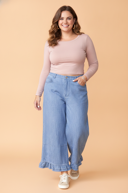 Light blue plus size wide leg jeans with ruffle hem and relaxed fit, women’s boutique denim style