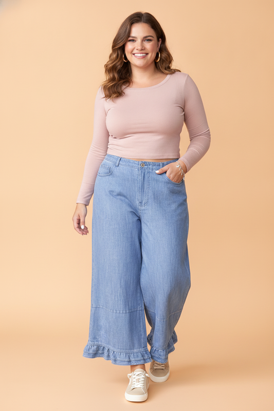 Light blue plus size wide leg jeans with ruffle hem and relaxed fit, women’s boutique denim style