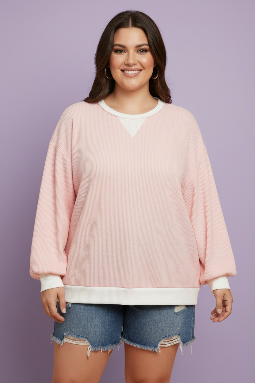 Plus Size Pink Colorblock Ribbed Knit Top with stretchy ribbed knit, contrast accents, and an easy plus-size fit, boutique fashion
