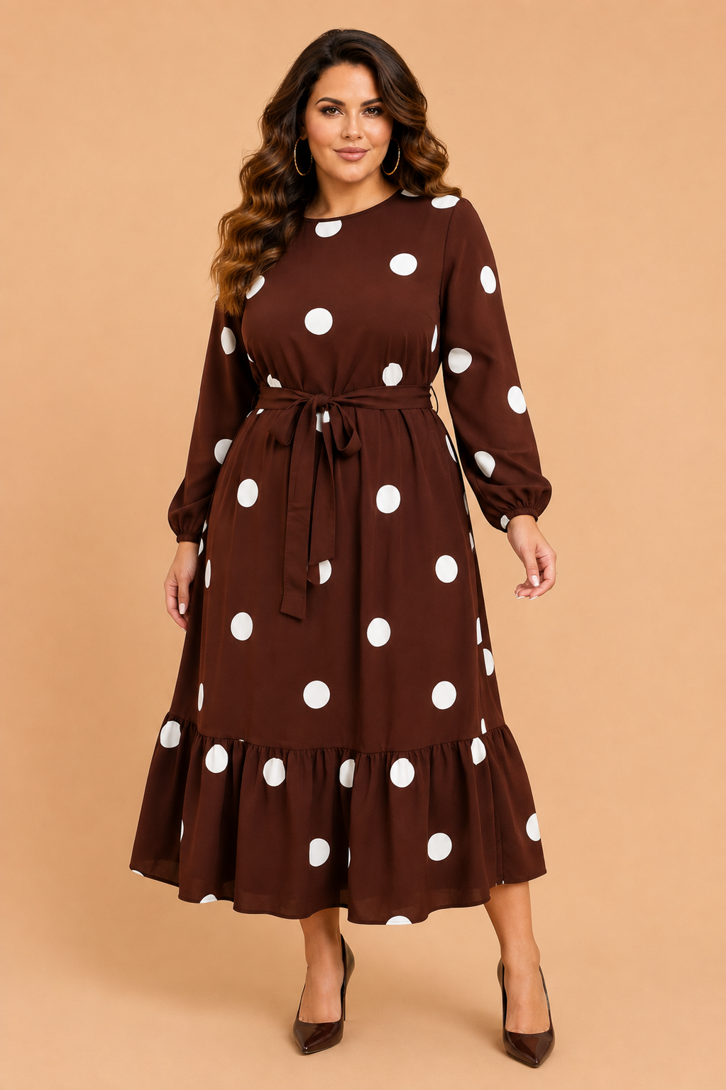 plus size brown polka dot long sleeve ruffle midi boutique dress