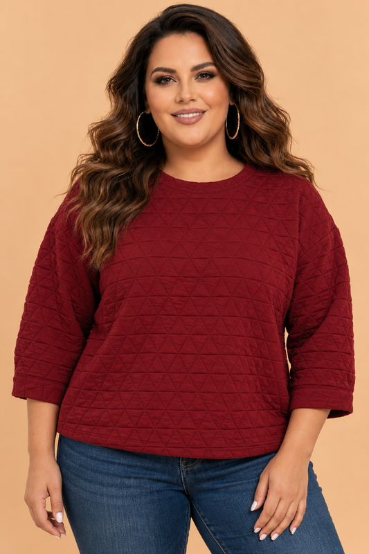 plus size racing red quilted blouse with three-quarter puff sleeves boutique top