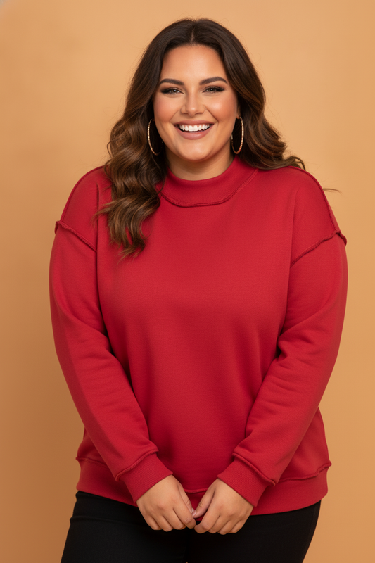 Racing Red plus size reversible exposed seam mock neck sweatshirt with boutique fashion styling