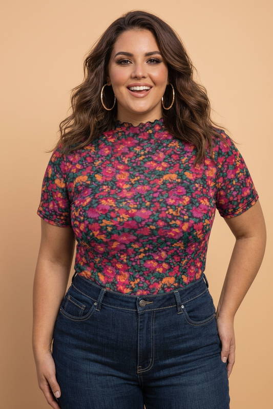 Plus size rose floral mesh short sleeve top with sheer fitted boutique styling