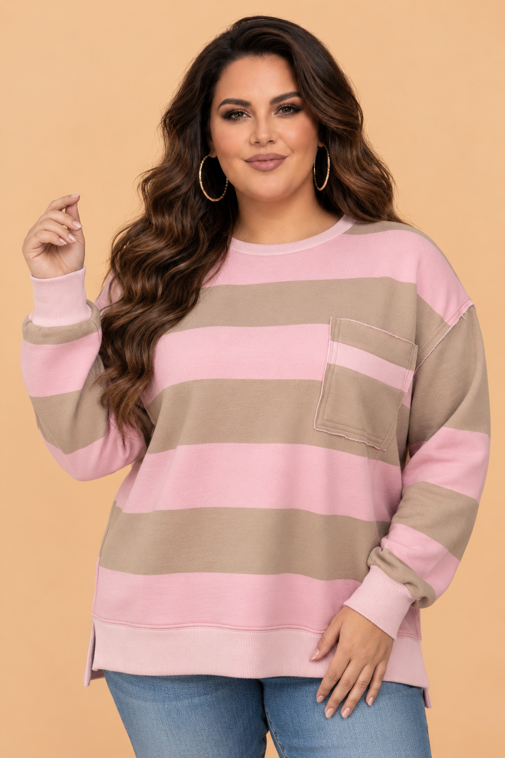 plus size pink stripe raw seam drop shoulder oversized boutique sweatshirt