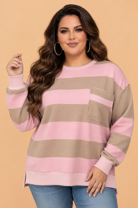 plus size pink stripe raw seam drop shoulder oversized boutique sweatshirt
