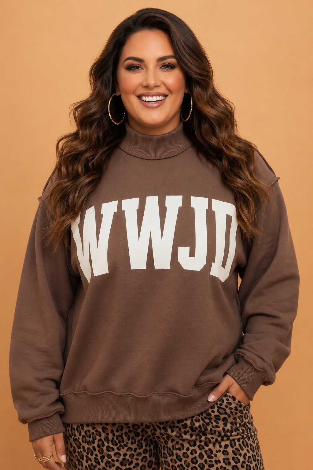 Plus size coffee WWJD Amen reversible mock neck sweatshirt with exposed seam boutique styling