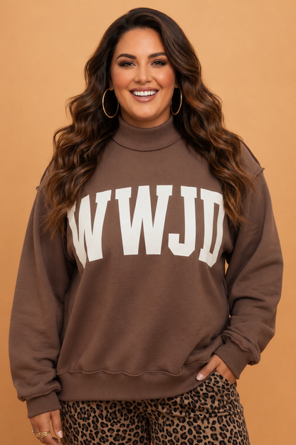 Plus size coffee WWJD Amen reversible mock neck sweatshirt with exposed seam boutique styling