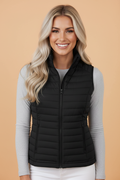 black plush stand collar zip-up puffer vest boutique outerwear