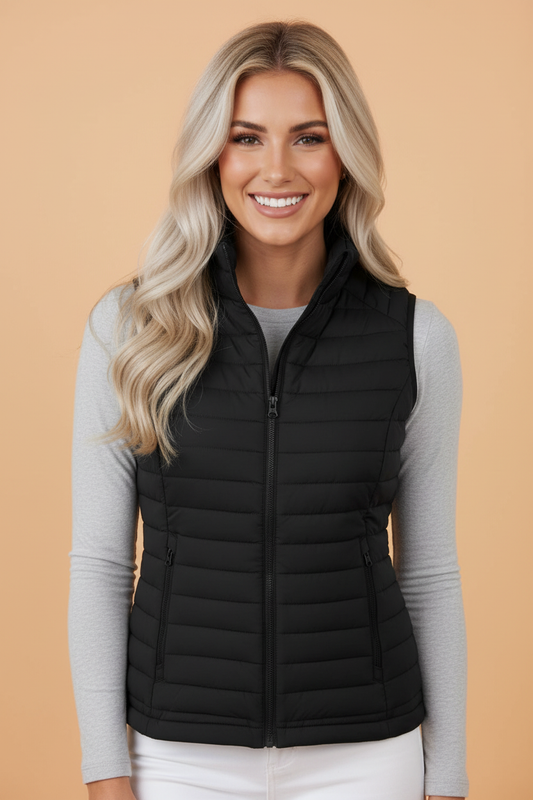 black plush stand collar zip-up puffer vest boutique outerwear