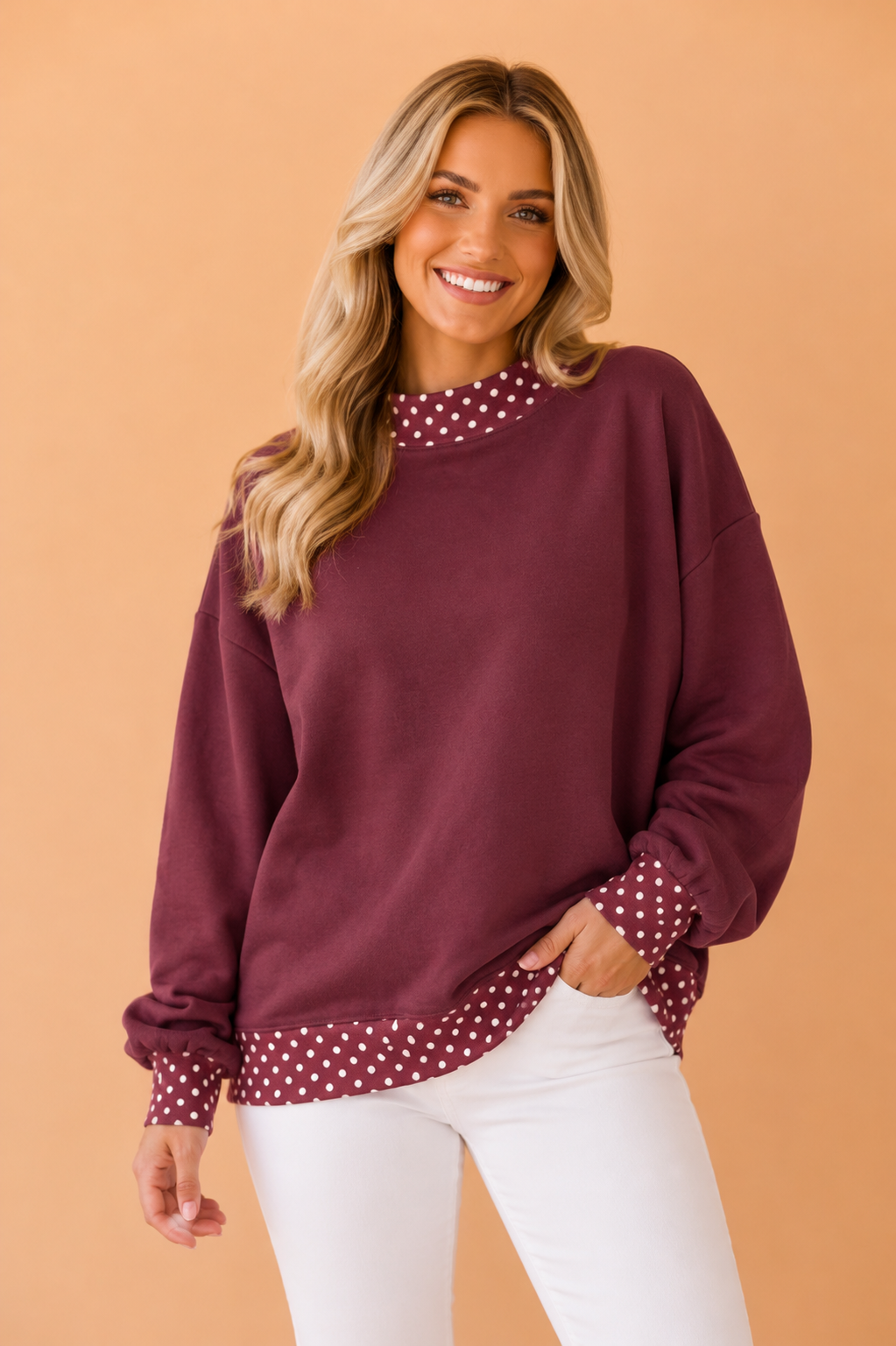 Burgundy Polka Dot Contrast Trim Mock Neck Sweatshirt with mock neck women's boutique fashion