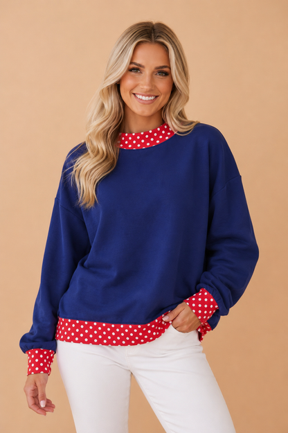 Dark Blue Polka Dot Contrast Trim Mock Neck Sweatshirt with mock neck women's boutique fashion