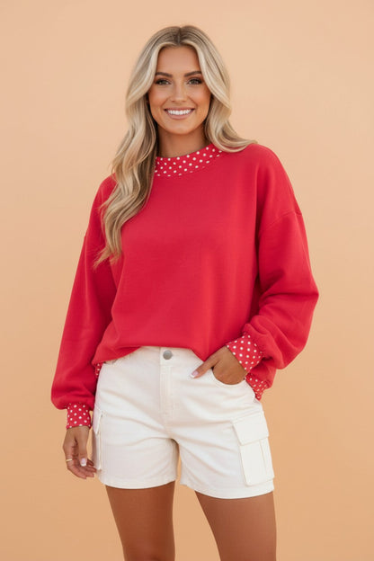 Racing Red Polka Dot Contrast Trim Mock Neck Sweatshirt with mock neck women's boutique fashion