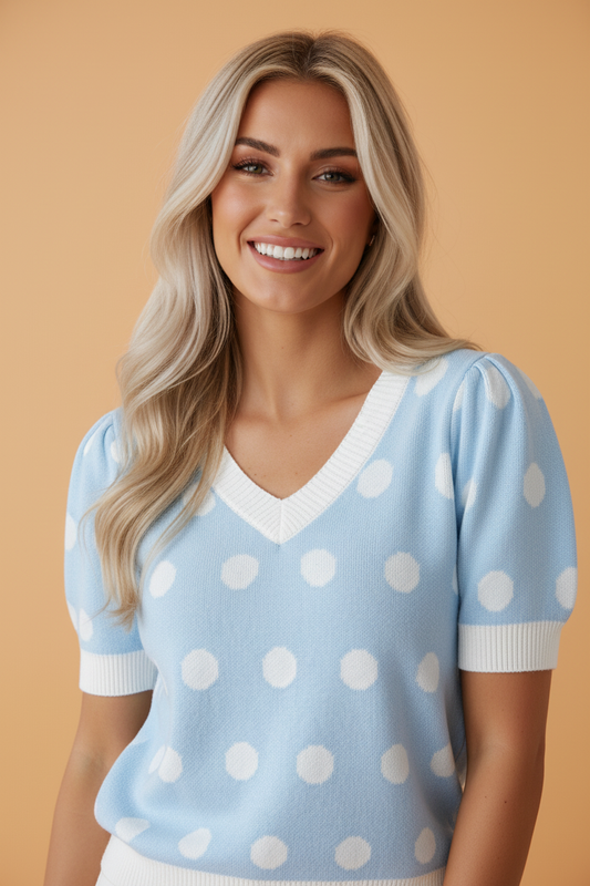 Polka Dot Puff Short Sleeve V-Neck Sweater boutique fashion by Mollie Mae Boutique