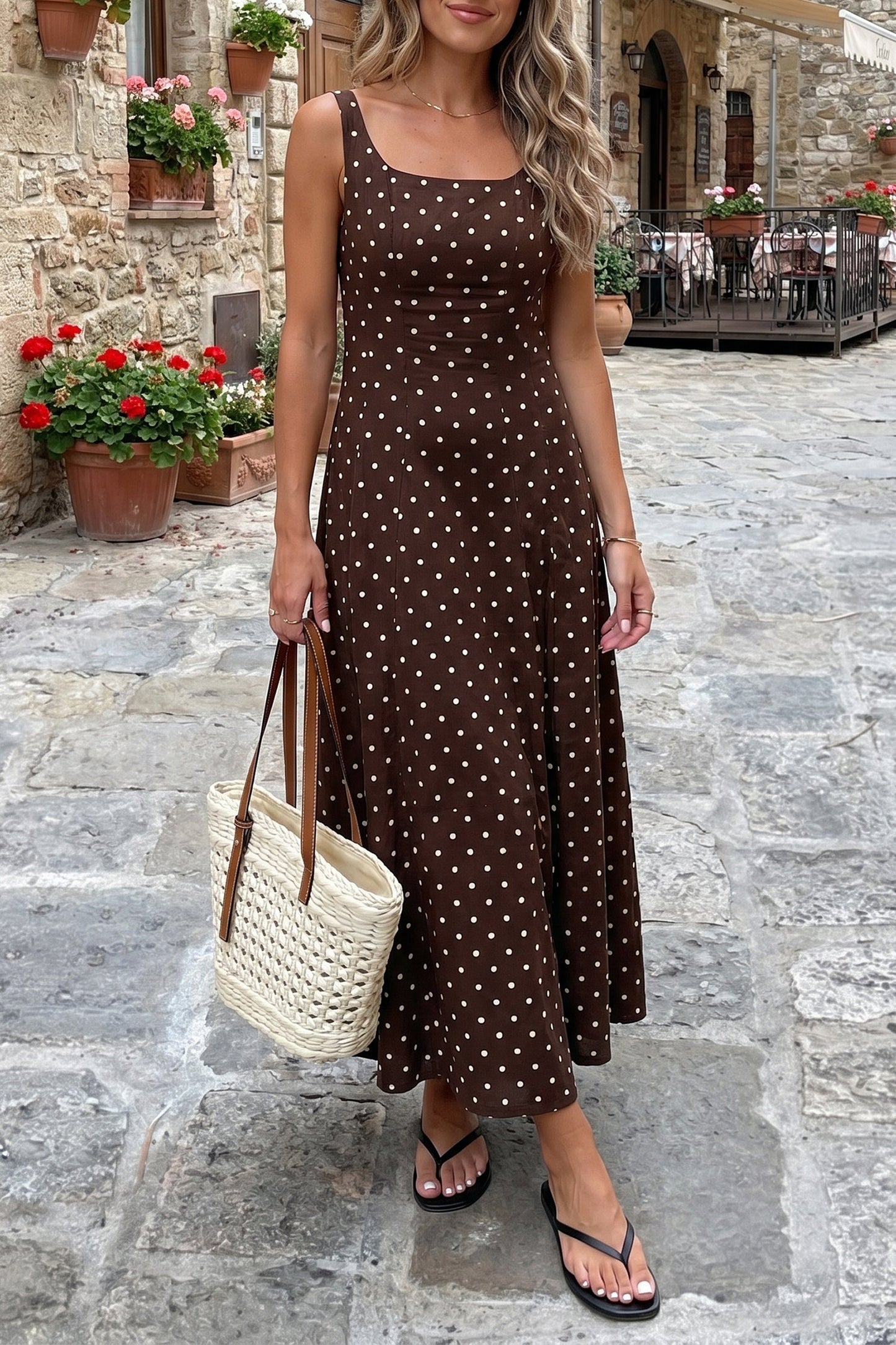 Brown Polka Dot Square Neck Vacation Maxi Dress boutique fashion piece with stylish details and comfortable everyday wear