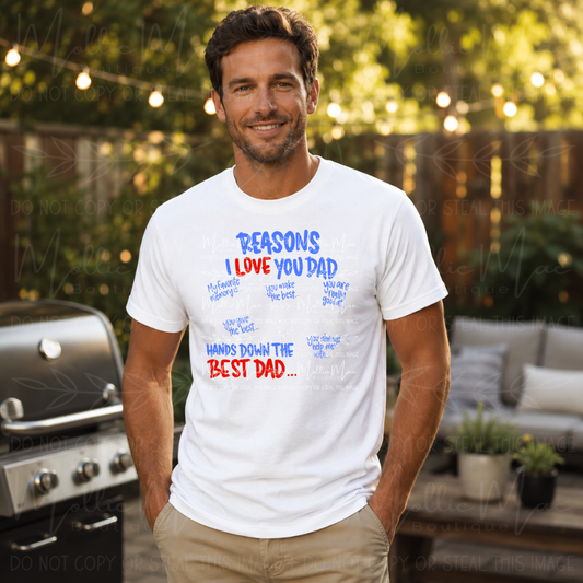 White Gildan Softstyle graphic tee featuring Reasons I Love You Dad handwritten-style design in patriotic red and blue lettering.