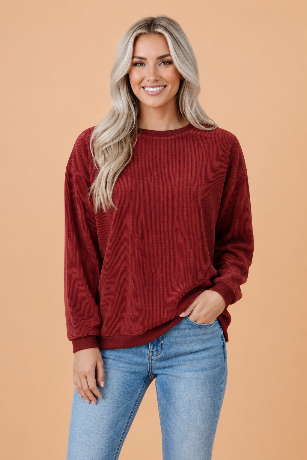 Strawberry Pink ribbed corduroy oversized long sleeve sweatshirt with cozy boutique styling