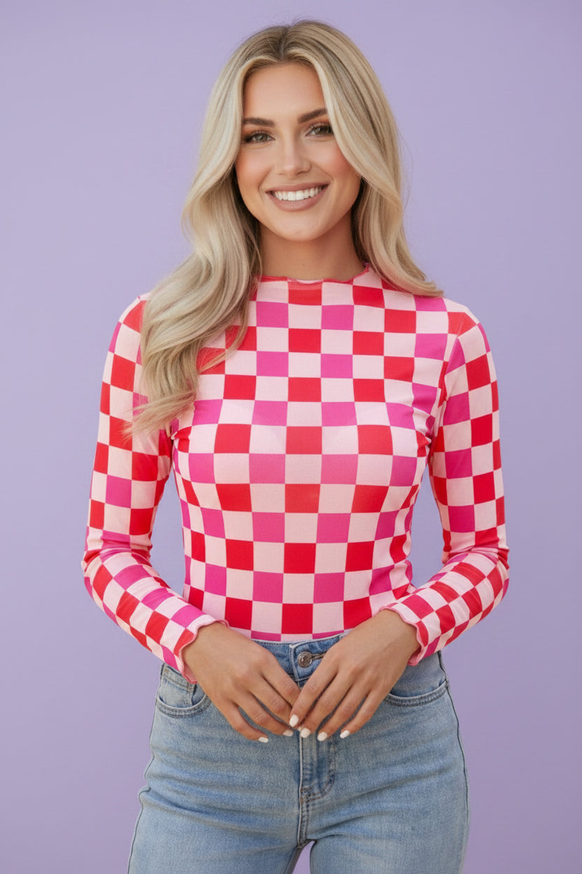 Rose Checkered Sheer Mesh Top with a sheer checkered mesh design with a flattering fitted silhouette, boutique fashion