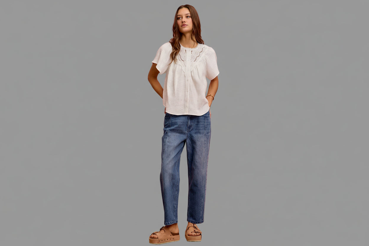 SO ME Cotton Gauze Lace Trim Flutter Sleeves Blouse Top