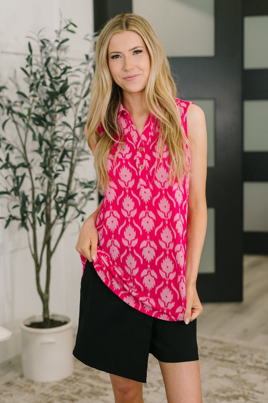 Sea Spray Collared Sleeveless Top in Floral Ikat boutique apparel from Mollie Mae Boutique