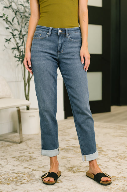 Shane Dark Indigo Mid-Rise Boyfriend Jeans with a flattering mid rise, relaxed boyfriend fit, and cuffed or uncuffed styling, boutique fashion