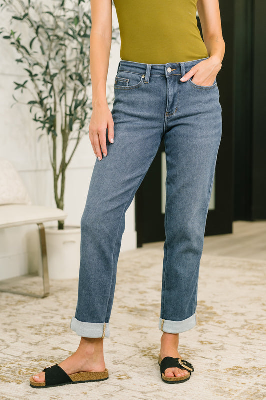 Shane Dark Indigo Mid-Rise Boyfriend Jeans with a flattering mid rise, relaxed boyfriend fit, and cuffed or uncuffed styling, boutique fashion