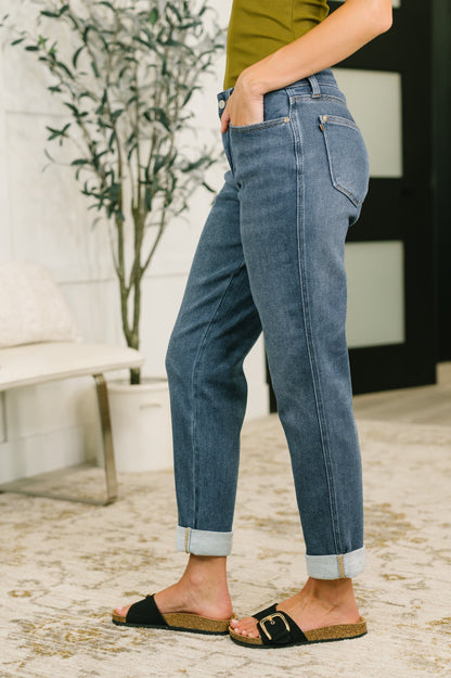 Shane Dark Indigo Mid-Rise Boyfriend Jeans with a flattering mid rise, relaxed boyfriend fit, and cuffed or uncuffed styling, boutique fashion