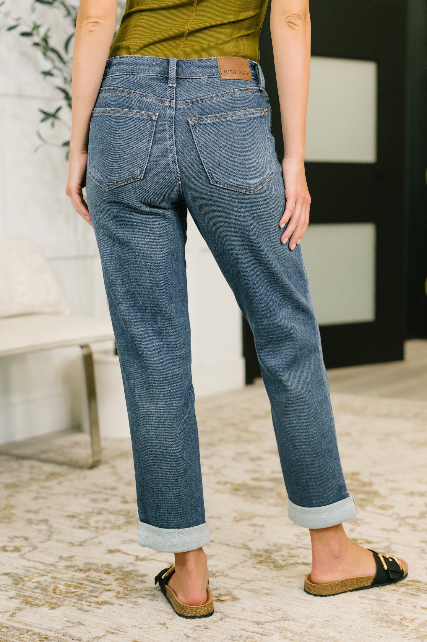 Shane Dark Indigo Mid-Rise Boyfriend Jeans with a flattering mid rise, relaxed boyfriend fit, and cuffed or uncuffed styling, boutique fashion