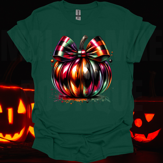 Shiny Colorful Paint Splatter Pumpkin with Checkered Bow Graphic Tshirt