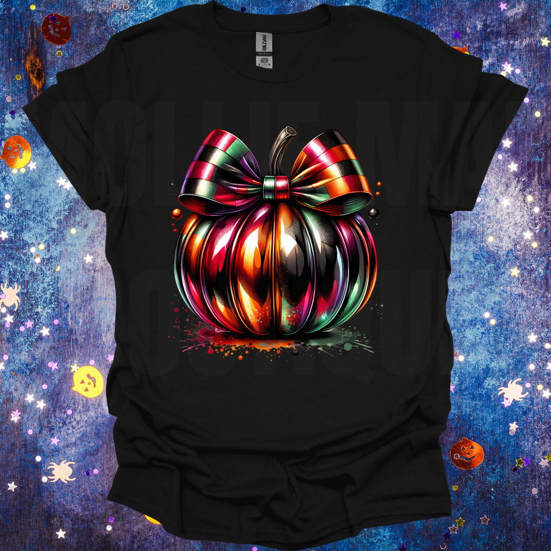 Shiny Colorful Paint Splatter Pumpkin with Checkered Bow Graphic Tshirt