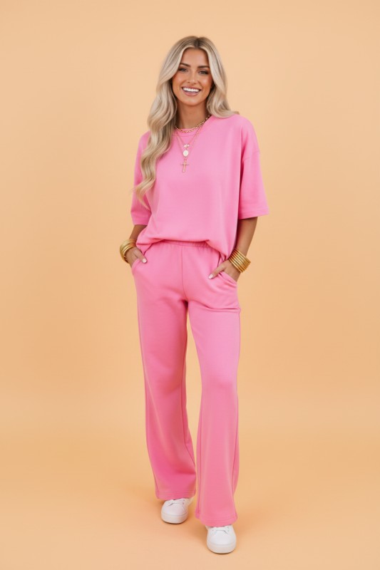 Solid Color Oversize Tee & Wide Leg Pants Set- Sachet Pink