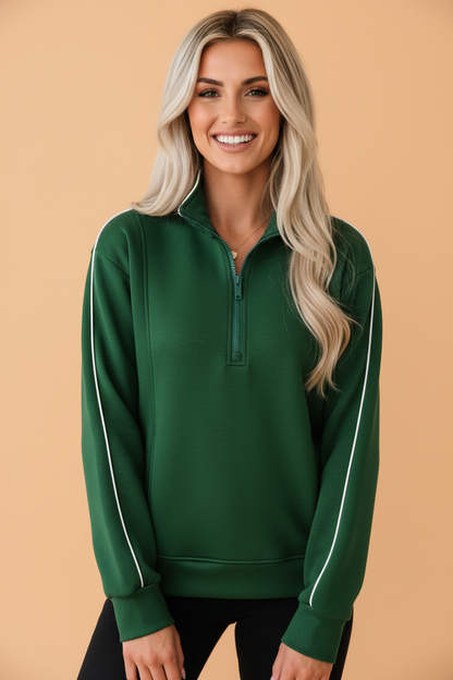 Solid Contrast Trim Zip-Up Mock Neck Sweatshirt in Sea Green