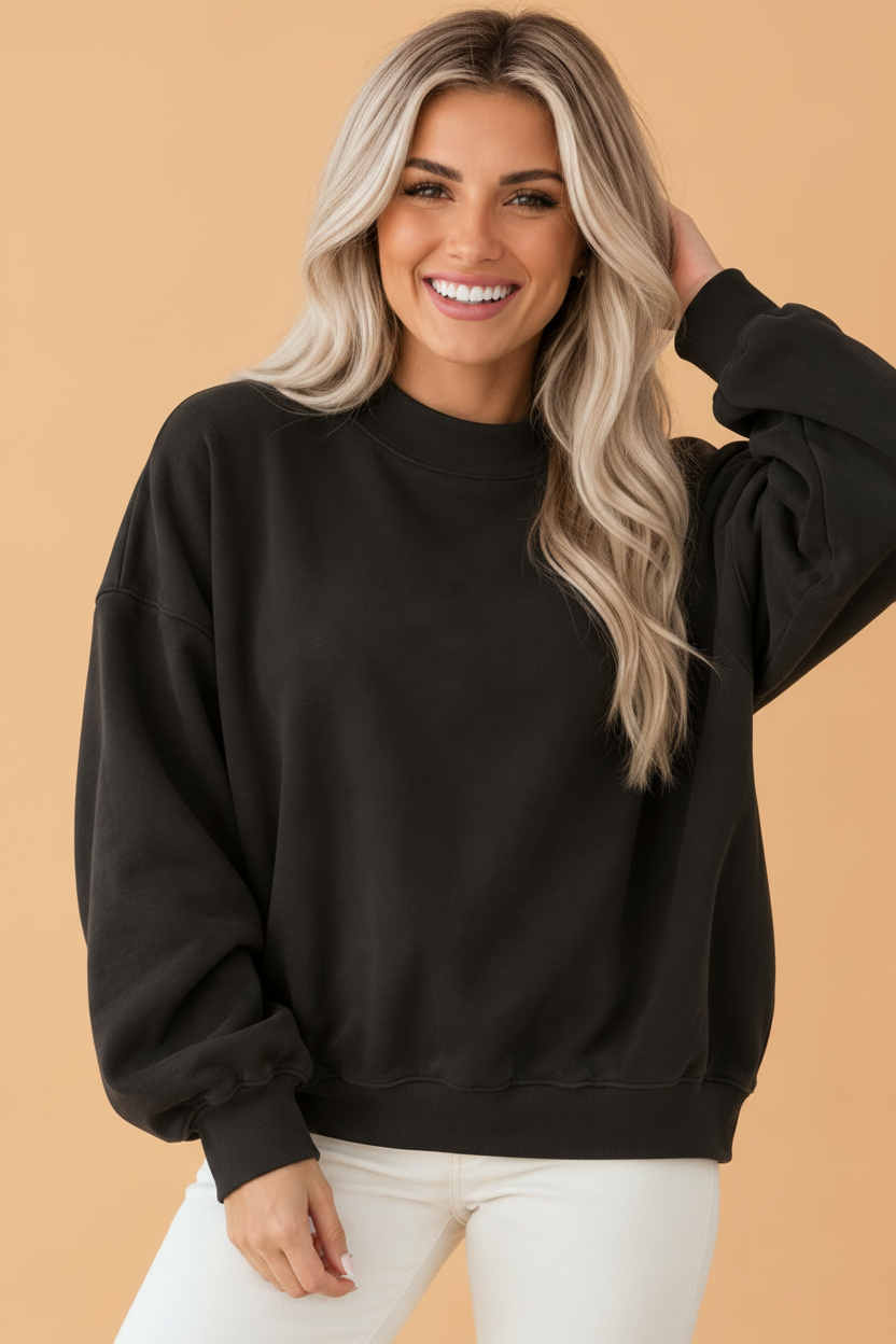 black mock neck oversized long sleeve boutique sweatshirt