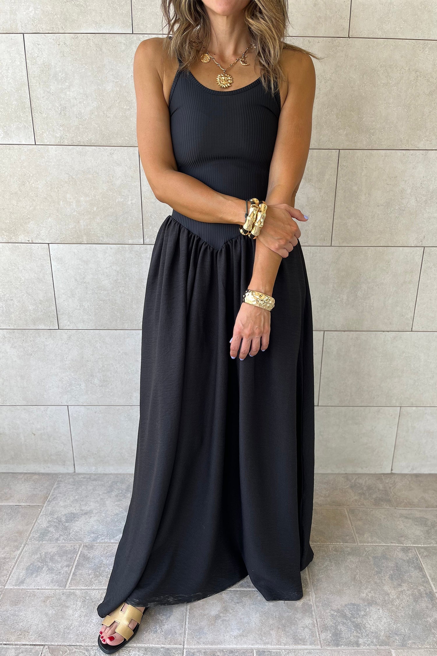 Solid Ribbed Patchwork Drop Waist Maxi Dress boutique apparel from Mollie Mae Boutique
