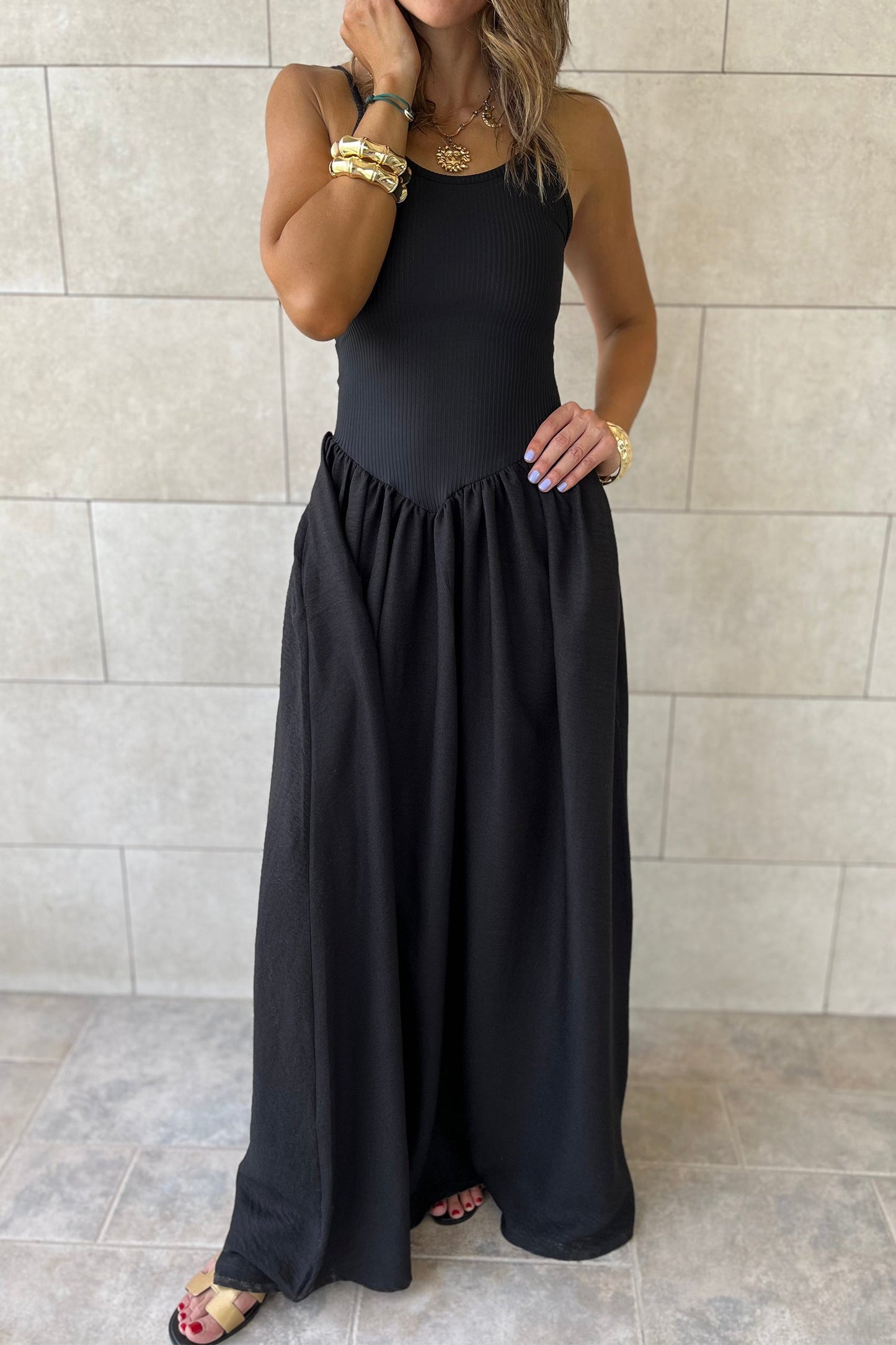 Solid Ribbed Patchwork Drop Waist Maxi Dress boutique apparel from Mollie Mae Boutique