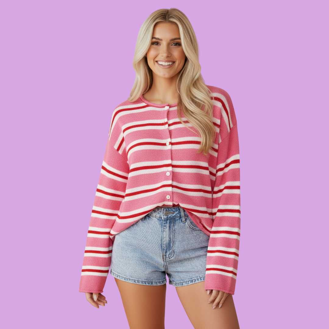 Stripe Drop Shoulder Button Cardigan