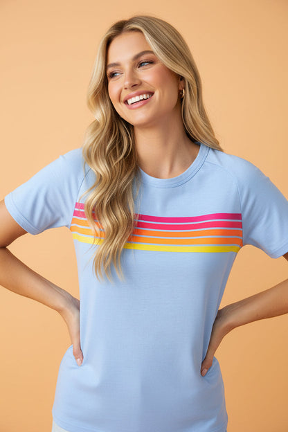 multiple colors Stripe Patch Front Short Sleeve Tee with a striped patch detail and an easy short-sleeve fit, boutique fashion