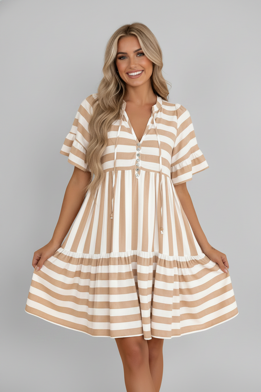 Stripe Tie V-Neck Ruffle Trim Mini Dress boutique fashion by Mollie Mae Boutique