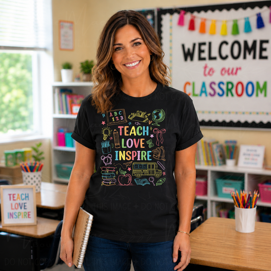 Teacher wearing Teach Love Inspire graphic tee with colorful classroom doodles on a black Gildan Softstyle shirt in a classroom setting.