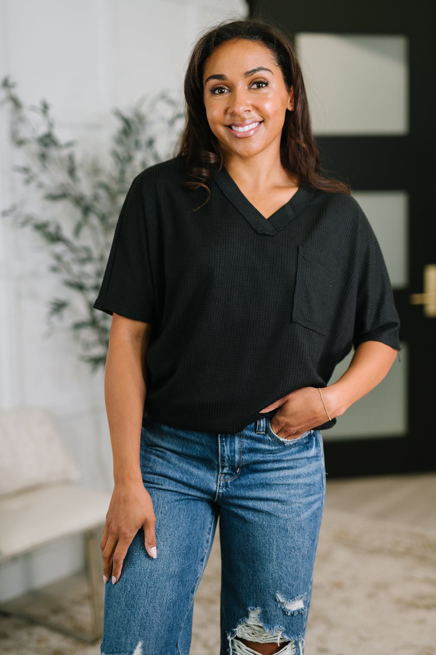 Together We're Unlimited Basic V-Neck Tee in Black boutique fashion by Mollie Mae Boutique