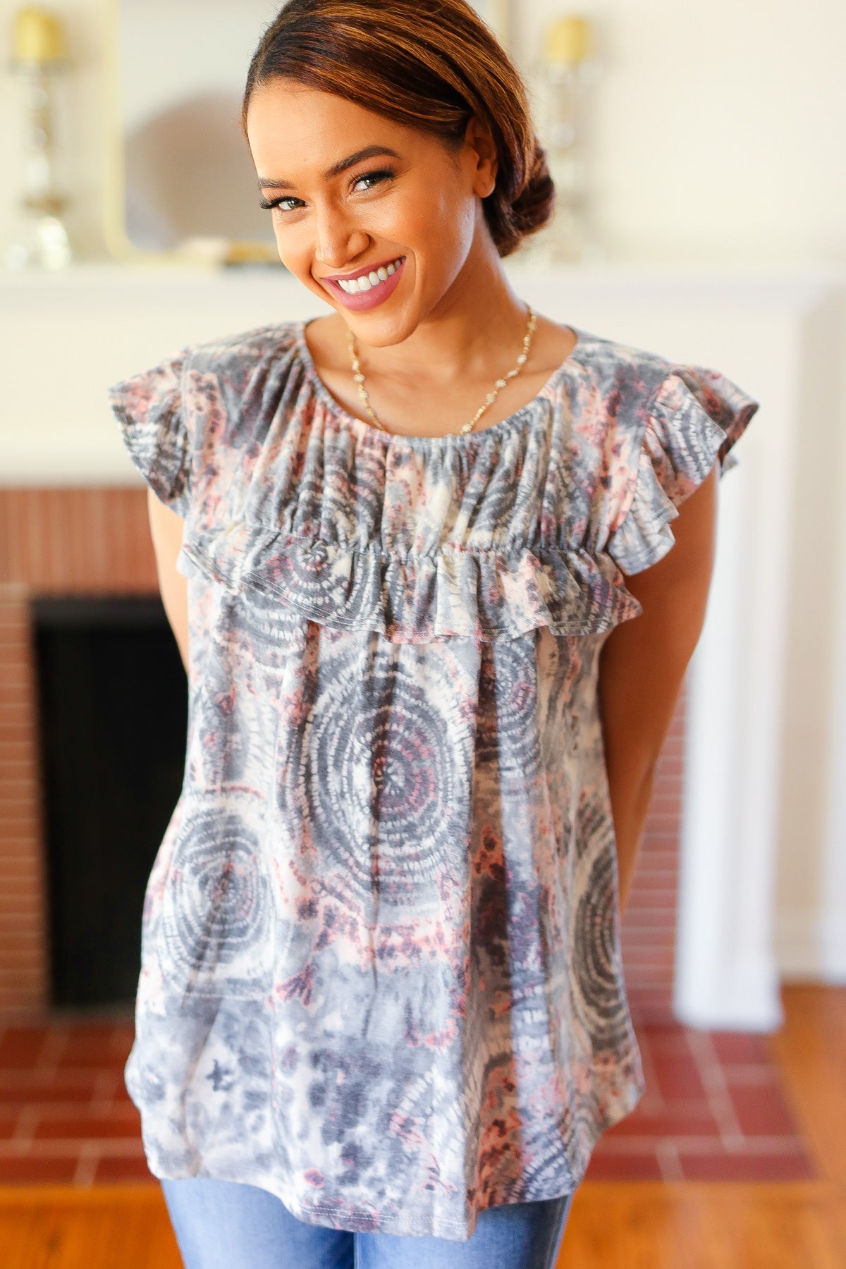 Ces Femme Gray & Coral Tie Dye Frilled Short Sleeve Yoke Top