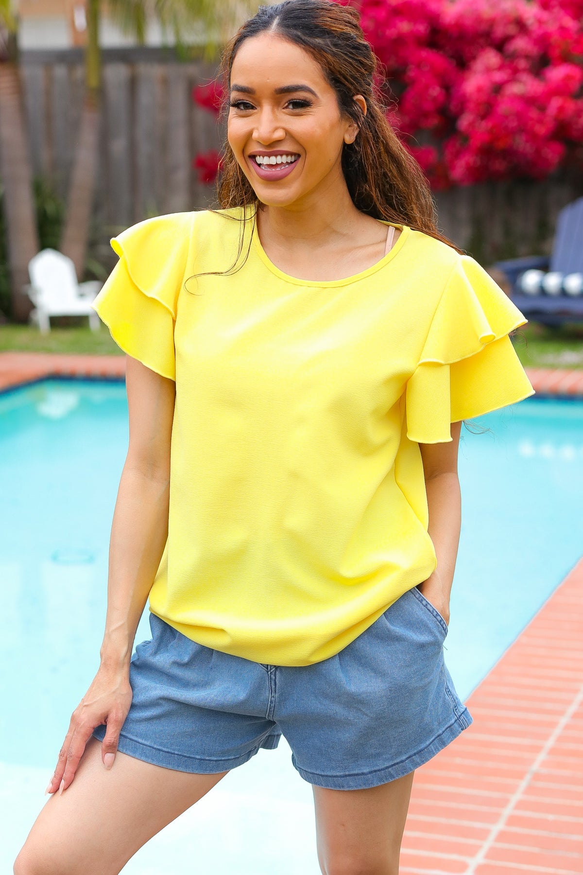 Haptics Yellow Tiered Double Ruffle Sleeve Woven Top