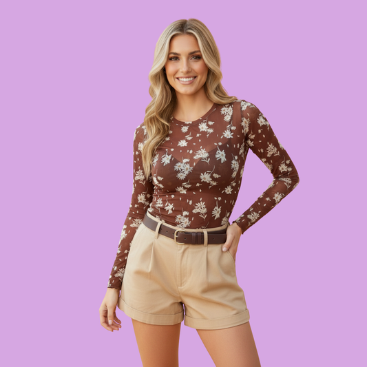 Floral Sheer Mesh Long Sleeve Top