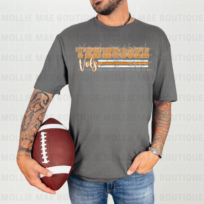 Man modeling Tennessee Vols Stripe Graphic Tee in charcoal with orange stripe graphic.