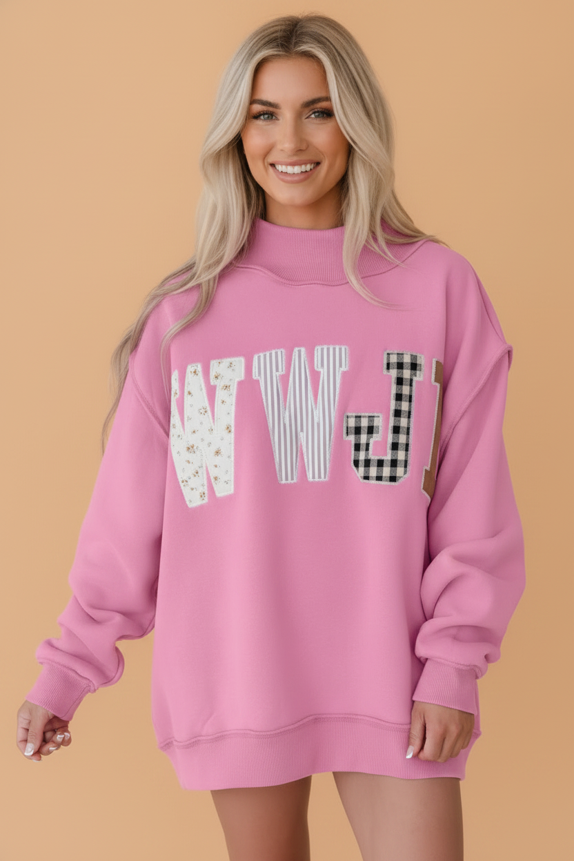 Coffee wWJD embroidered patchwork mock neck sweatshirt with colorful fabric details in boutique style