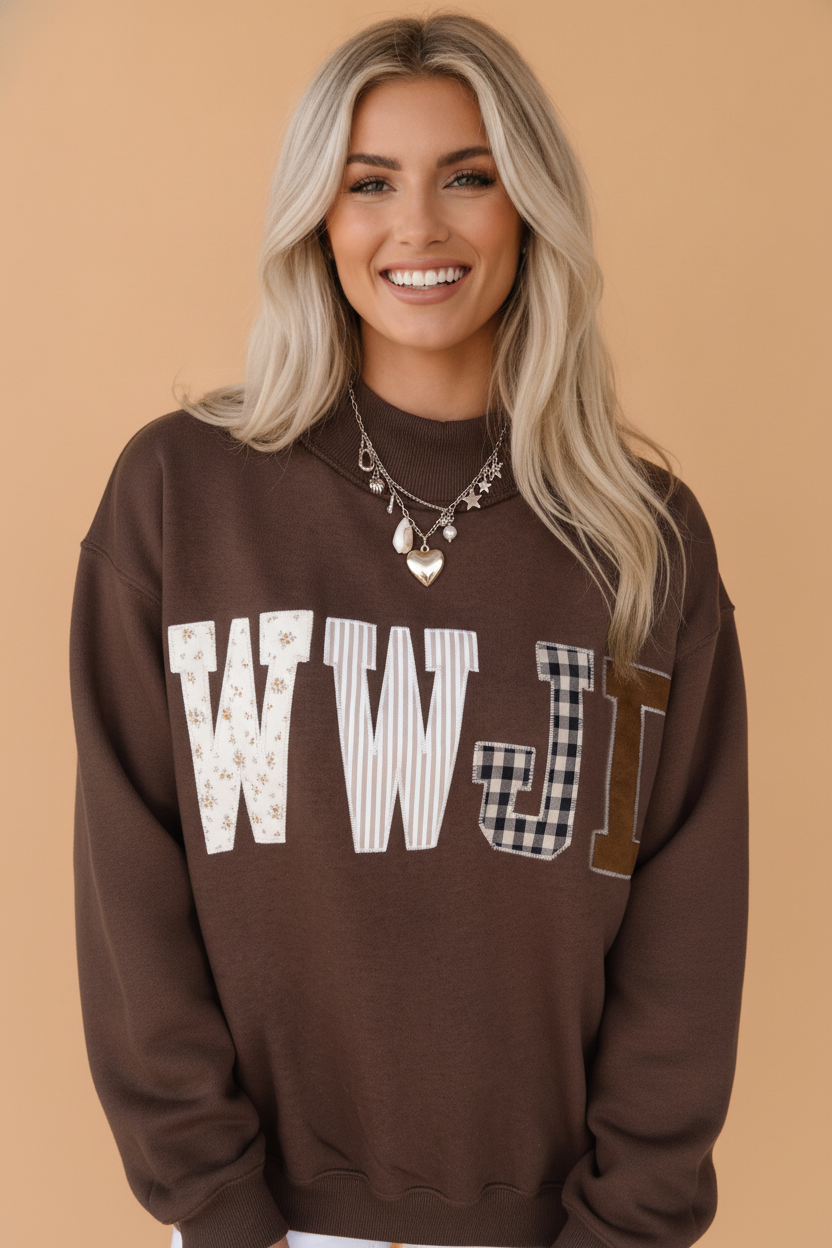 Coffee wWJD embroidered patchwork mock neck sweatshirt with colorful fabric details in boutique style