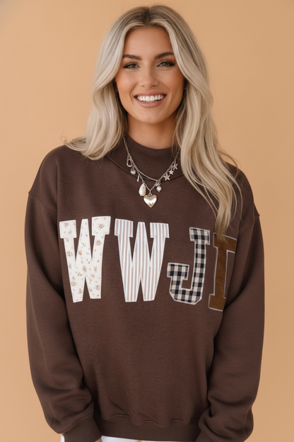 Coffee wWJD embroidered patchwork mock neck sweatshirt with colorful fabric details in boutique style