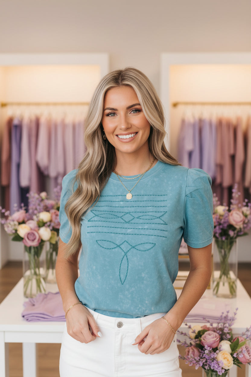 Western Embroidered Mineral Wash Puff Sleeve Tee boutique clothing from Mollie Mae Boutique
