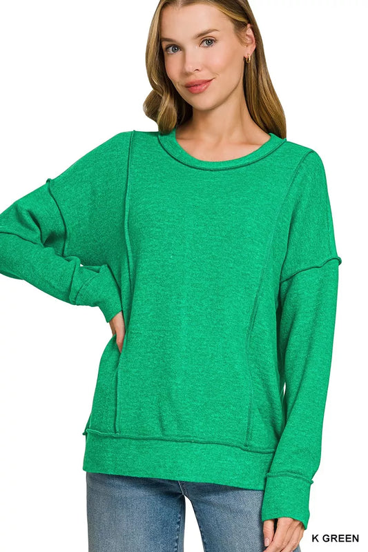 Kelly green brushed hacci drop shoulder sweater with contrast stitching and relaxed fit