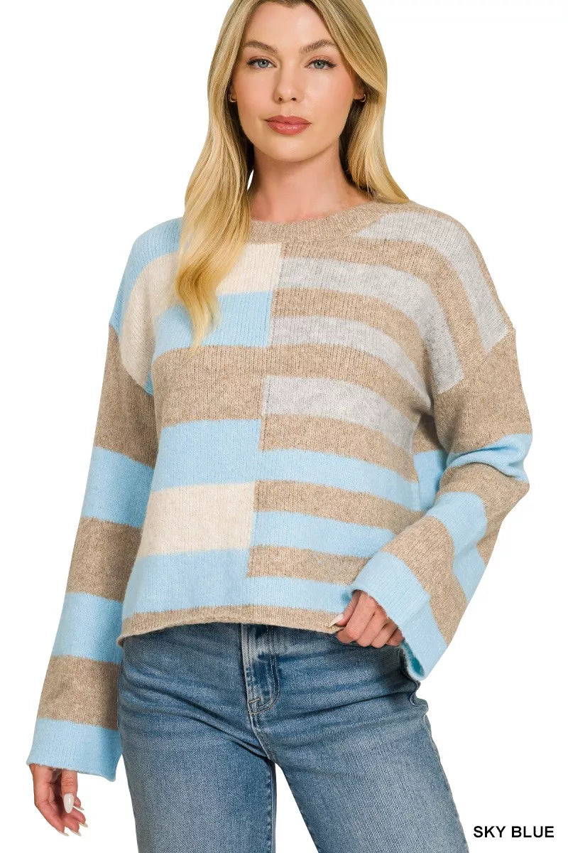Sky blue color block wool blend sweater with ribbed trim and relaxed fit