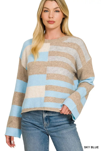 Sky blue color block wool blend sweater with ribbed trim and relaxed fit